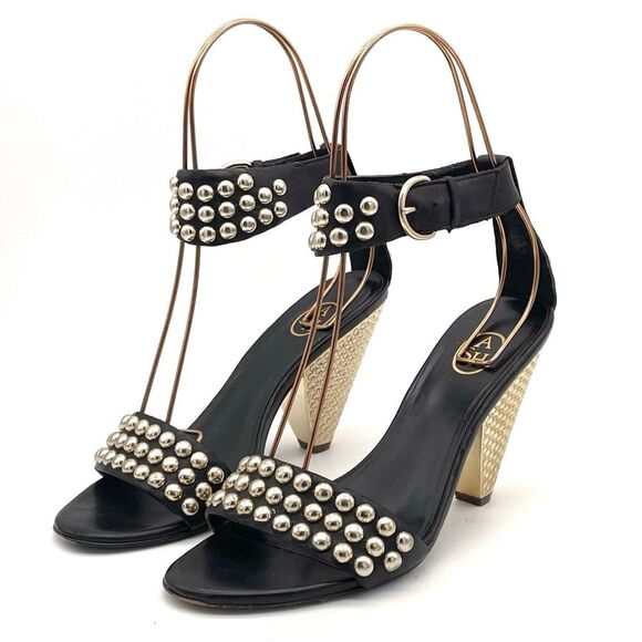 ASH Gold Studded Black Leather Ankle Cuff Heeled Strappy Sandals Size 38 | US 7 - Picture 6 of 16